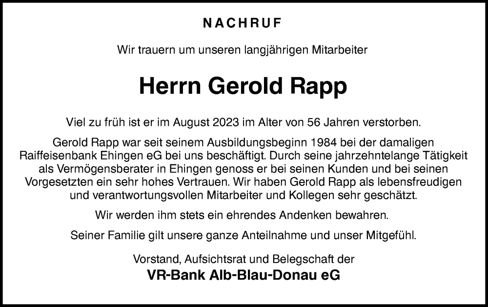  Traueranzeige für Gerold Rapp vom 06.09.2023 aus Ehinger Tagblatt