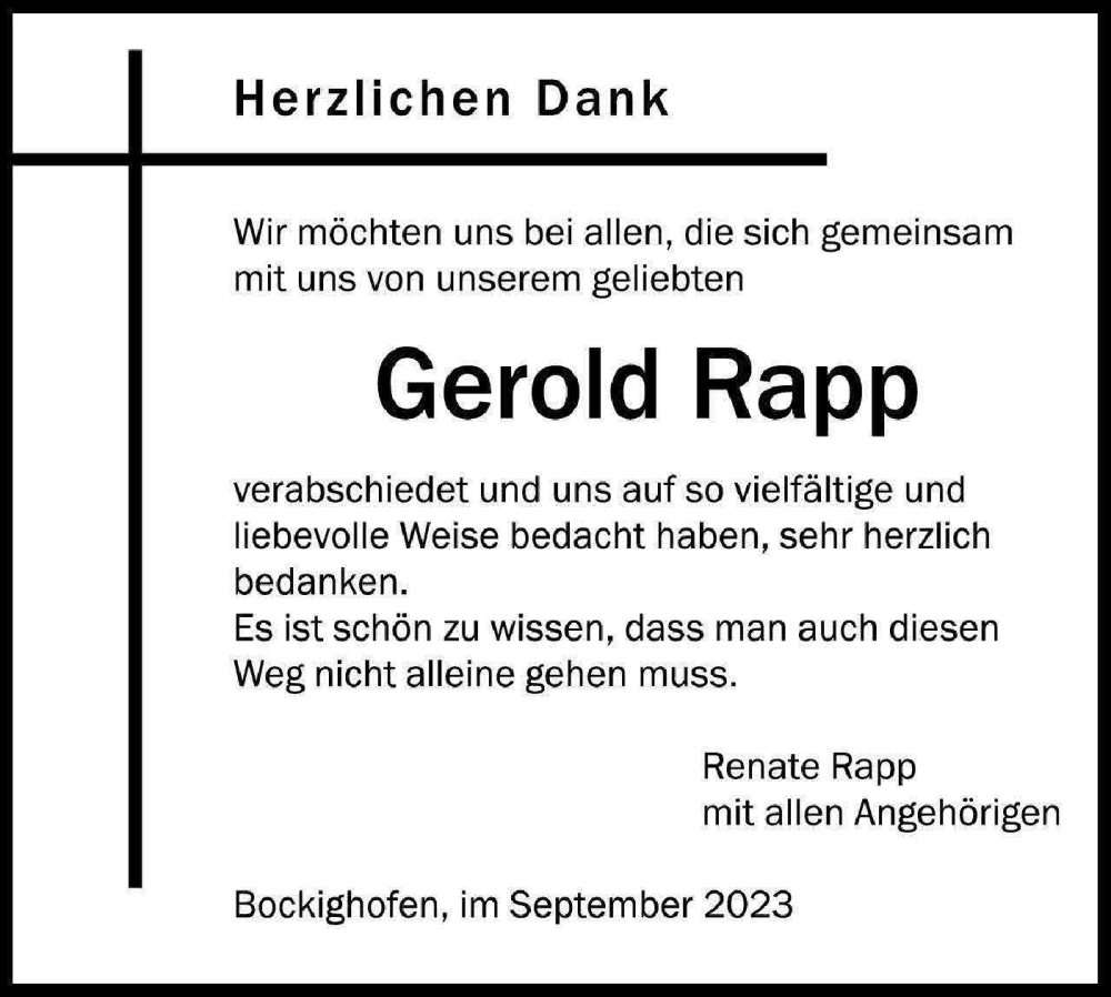  Traueranzeige für Gerold Rapp vom 21.09.2023 aus Ehinger Tagblatt