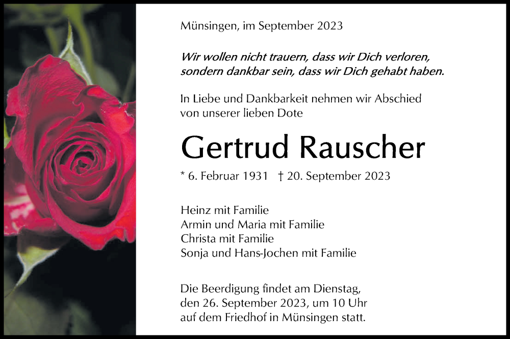  Traueranzeige für Gertrud Rauscher vom 23.09.2023 aus Alb-Bote/Metzinger-Uracher Volksblatt