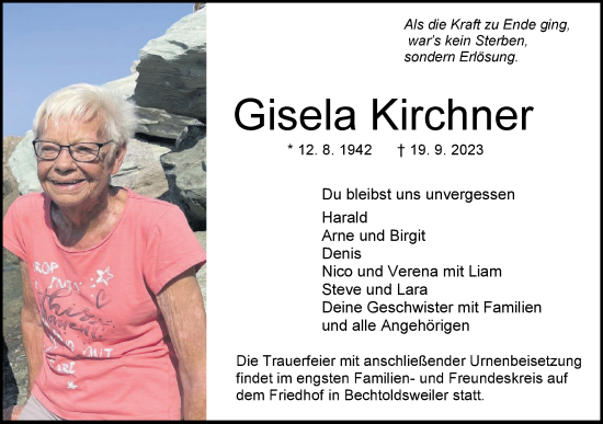 Traueranzeige von Gisela Kirchner von Hohenzollerische Zeitung