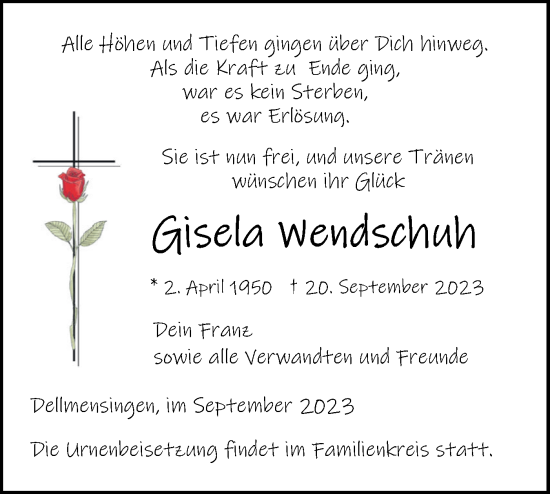 Traueranzeige von Gisela Wendschuh von SÜDWEST PRESSE Ausgabe Ulm/Neu-Ulm