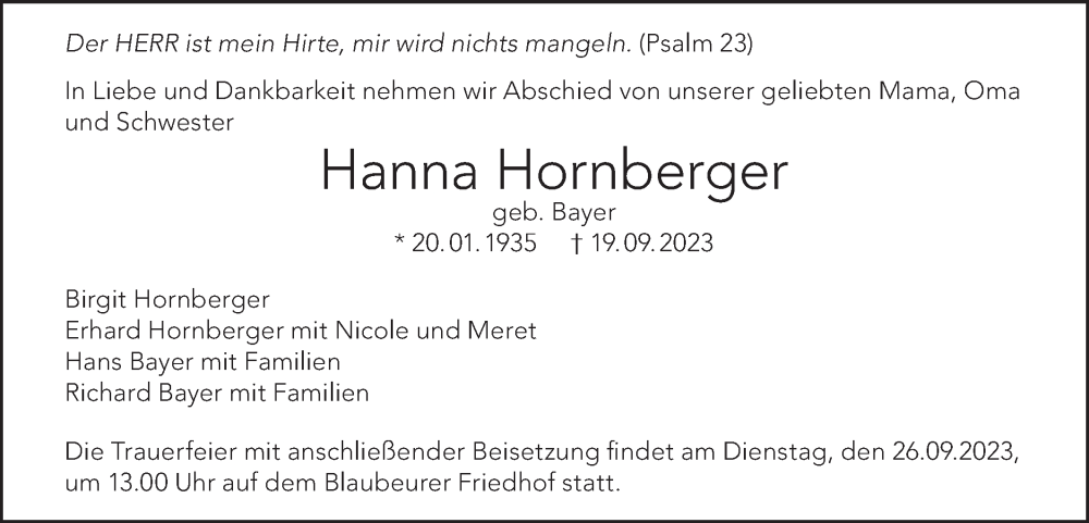  Traueranzeige für Hanna Hornberger vom 22.09.2023 aus Das Blaumännle