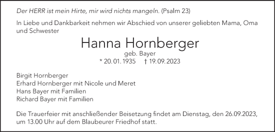 Traueranzeige von Hanna Hornberger von Das Blaumännle