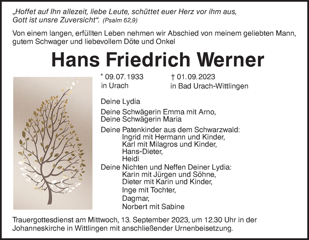  Traueranzeige für Hans Friedrich Werner vom 06.09.2023 aus SÜDWEST PRESSE/SÜDWEST PRESSE