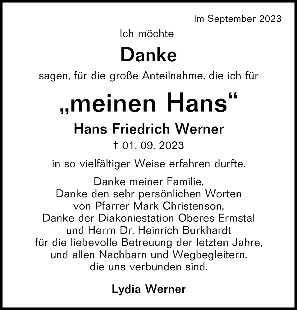  Traueranzeige für Hans Friedrich Werner vom 27.09.2023 aus SÜDWEST PRESSE/SÜDWEST PRESSE