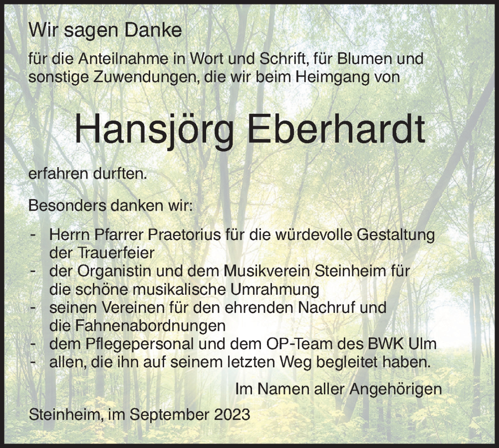  Traueranzeige für Hansjörg Eberhardt vom 05.09.2023 aus SÜDWEST PRESSE Ausgabe Ulm/Neu-Ulm