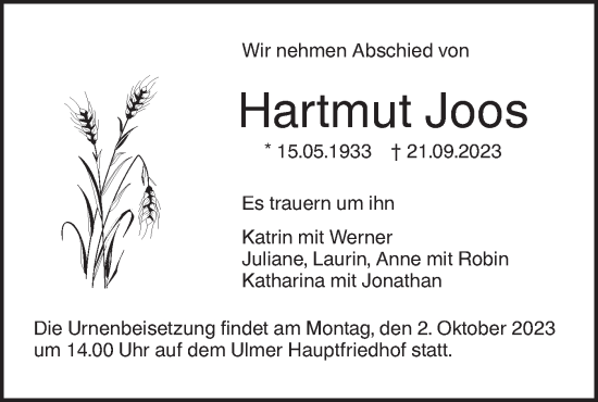 Traueranzeige von Hartmut Joos von SÜDWEST PRESSE Ausgabe Ulm/Neu-Ulm