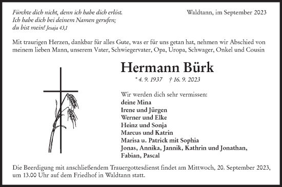 Traueranzeige von Hermann Bürk von Hohenloher Tagblatt