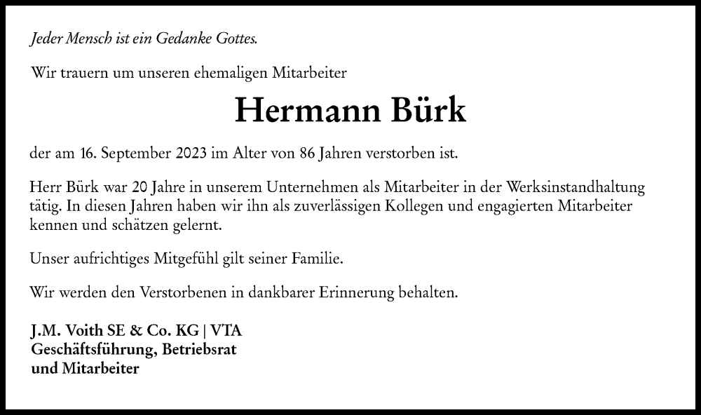 Traueranzeige für Hermann Bürk vom 25.09.2023 aus Hohenloher Tagblatt