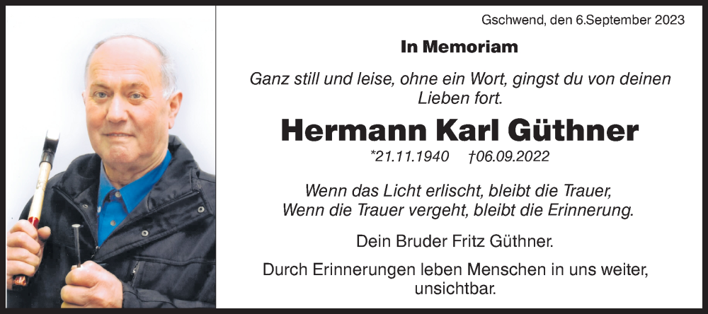  Traueranzeige für Hermann Karl Güthner vom 06.09.2023 aus Rundschau Gaildorf