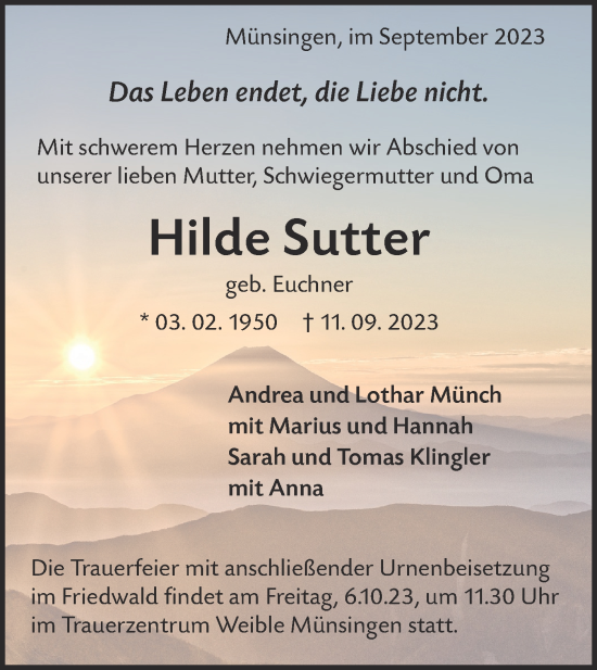 Traueranzeige von Hilde Sutter von Alb-Bote/Metzinger-Uracher Volksblatt