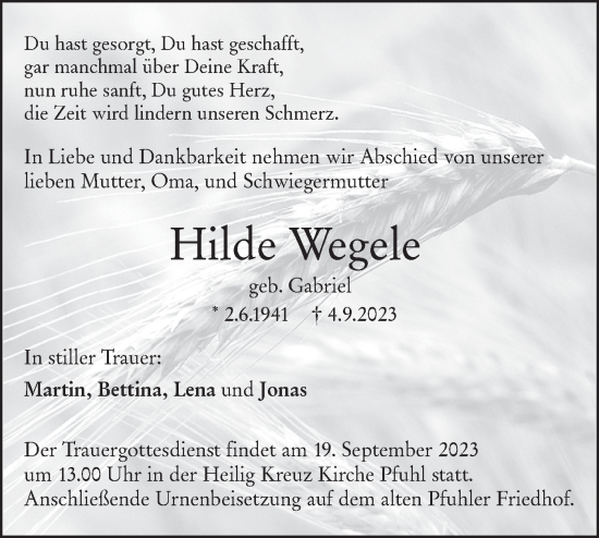 Traueranzeige von Hilde Wegele von SÜDWEST PRESSE Ausgabe Ulm/Neu-Ulm