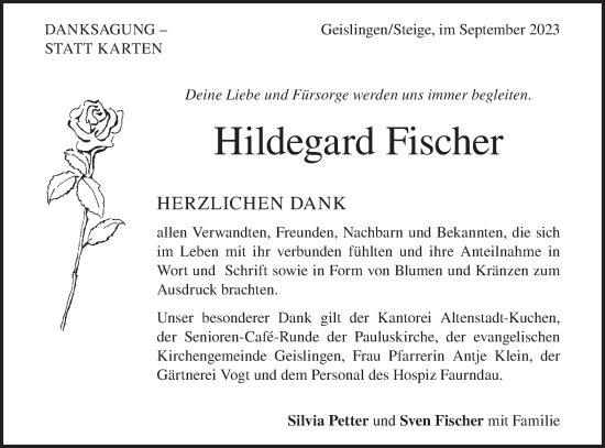 Traueranzeige von Hildegard Fischer von Geislinger Zeitung