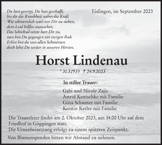 Traueranzeige von Horst Lindenau von NWZ Neue Württembergische Zeitung
