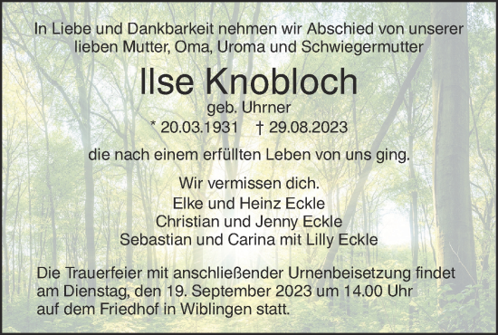 Traueranzeige von Ilse Knobloch von SÜDWEST PRESSE Ausgabe Ulm/Neu-Ulm