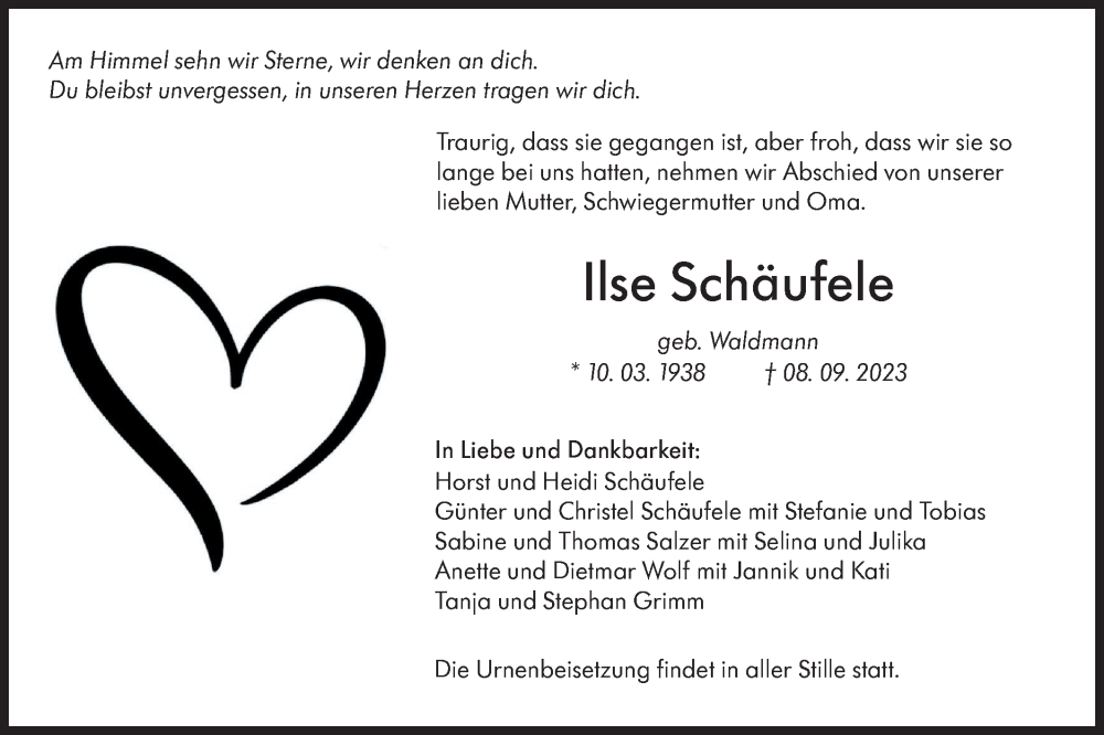  Traueranzeige für Ilse Schäufele vom 21.09.2023 aus Hohenloher Tagblatt