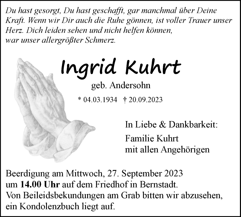  Traueranzeige für Ingrid Kuhrt vom 23.09.2023 aus SÜDWEST PRESSE Ausgabe Ulm/Neu-Ulm