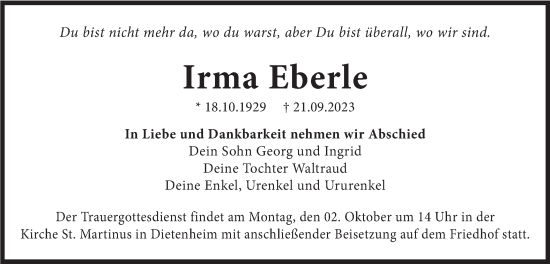Traueranzeige von Irma Eberle von SÜDWEST PRESSE Ausgabe Ulm/Neu-Ulm