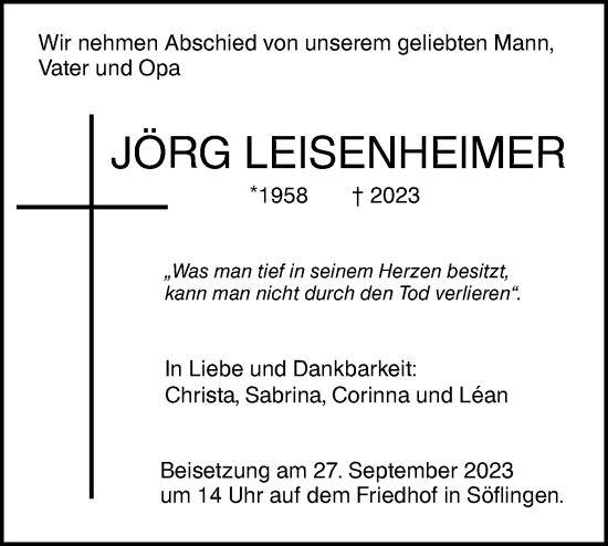 Traueranzeige von Jörg Leisenheimer von SÜDWEST PRESSE Ausgabe Ulm/Neu-Ulm