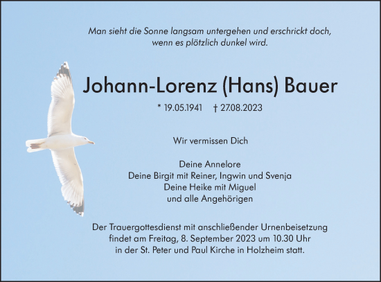 Traueranzeige von Johann-Lorenz Bauer von SÜDWEST PRESSE Ausgabe Ulm/Neu-Ulm