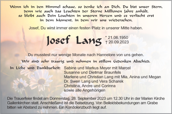 Traueranzeige von Josef Lang von Haller Tagblatt