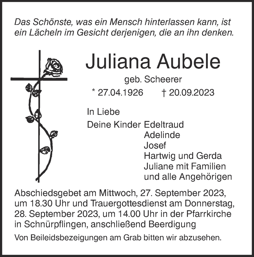  Traueranzeige für Juliana Aubele vom 23.09.2023 aus SÜDWEST PRESSE Ausgabe Ulm/Neu-Ulm