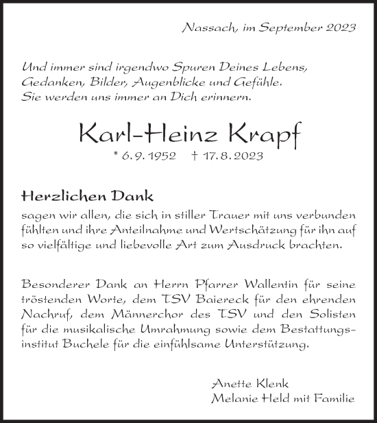 Traueranzeige von Karl-Heinz Krapf von NWZ Neue Württembergische Zeitung