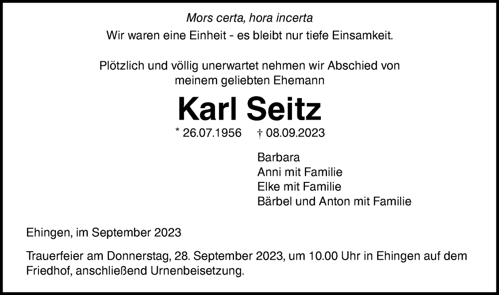  Traueranzeige für Karl Seitz vom 21.09.2023 aus Ehinger Tagblatt