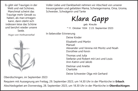Traueranzeige von Klara Gapp von SÜDWEST PRESSE Ausgabe Ulm/Neu-Ulm