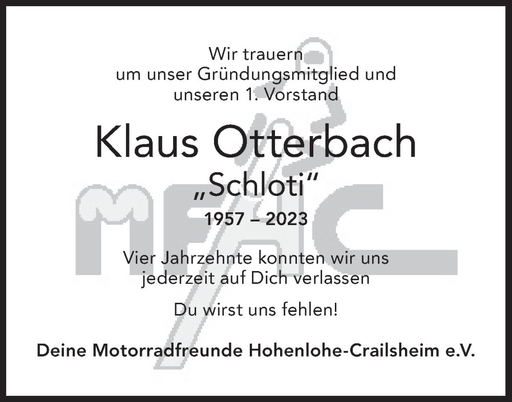  Traueranzeige für Klaus Otterbach vom 19.09.2023 aus Hohenloher Tagblatt