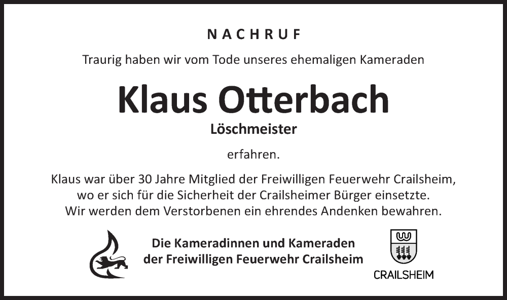  Traueranzeige für Klaus Otterbach vom 01.09.2023 aus Hohenloher Tagblatt
