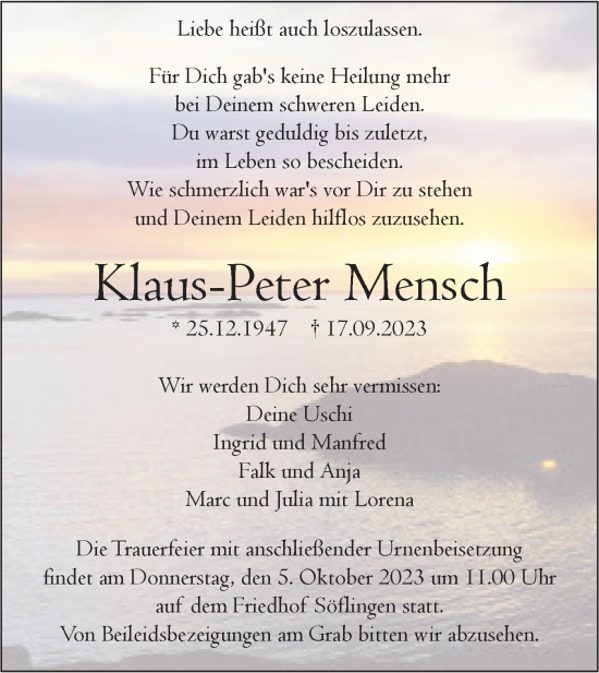 Traueranzeige von Klaus-Peter Mensch von SÜDWEST PRESSE Ausgabe Ulm/Neu-Ulm