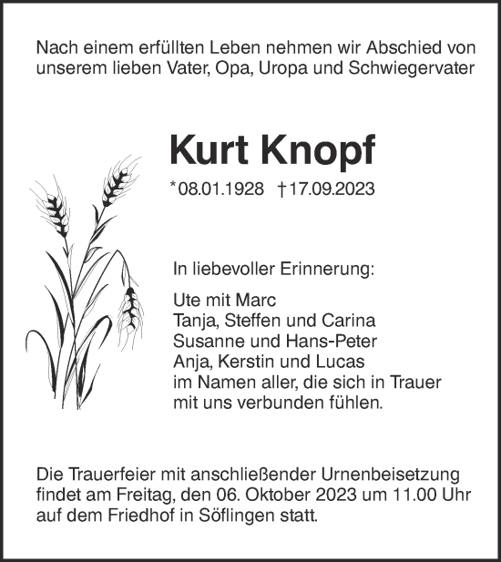 Traueranzeige von Kurt Knopf von SÜDWEST PRESSE Ausgabe Ulm/Neu-Ulm