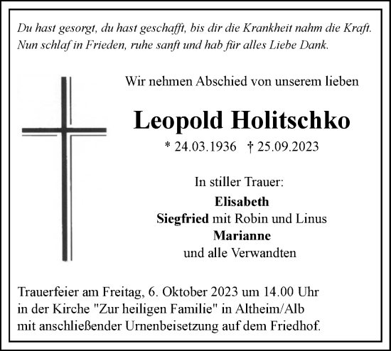 Traueranzeige von Leopold Holitschko von SÜDWEST PRESSE Ausgabe Ulm/Neu-Ulm