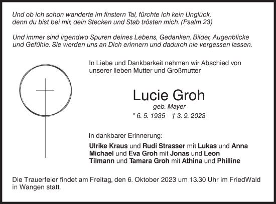 Traueranzeige von Lucie Groh von NWZ Neue Württembergische Zeitung