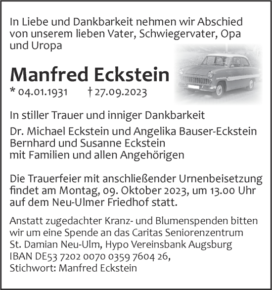 Traueranzeige von Manfred Eckstein von SÜDWEST PRESSE Ausgabe Ulm/Neu-Ulm
