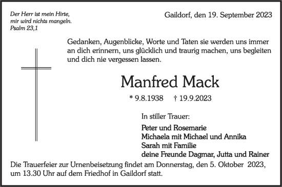 Traueranzeige von Manfred Mack von Rundschau Gaildorf