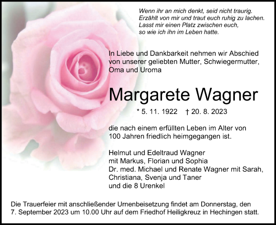 Traueranzeige von Margarete Wagner von Hohenzollerische Zeitung