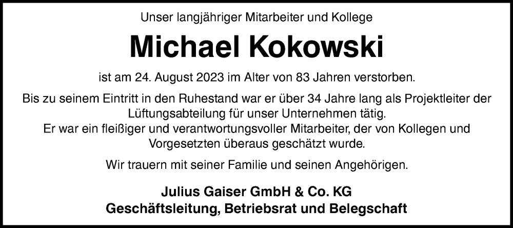  Traueranzeige für Michael Kokowski vom 02.09.2023 aus SÜDWEST PRESSE Ausgabe Ulm/Neu-Ulm