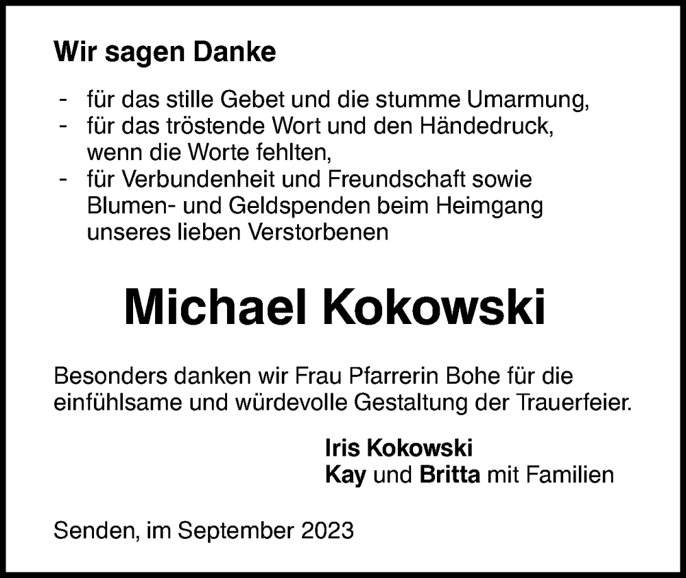  Traueranzeige für Michael Kokowski vom 16.09.2023 aus SÜDWEST PRESSE Ausgabe Ulm/Neu-Ulm