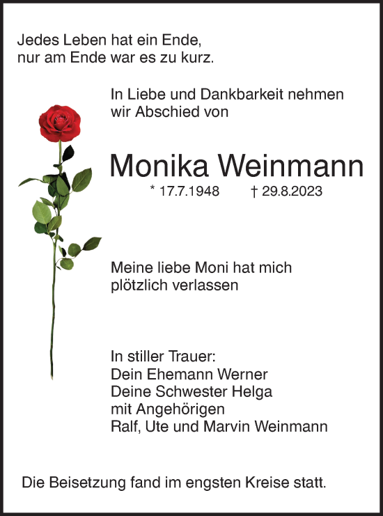 Traueranzeige von Monika Weinmann von SÜDWEST PRESSE Ausgabe Ulm/Neu-Ulm