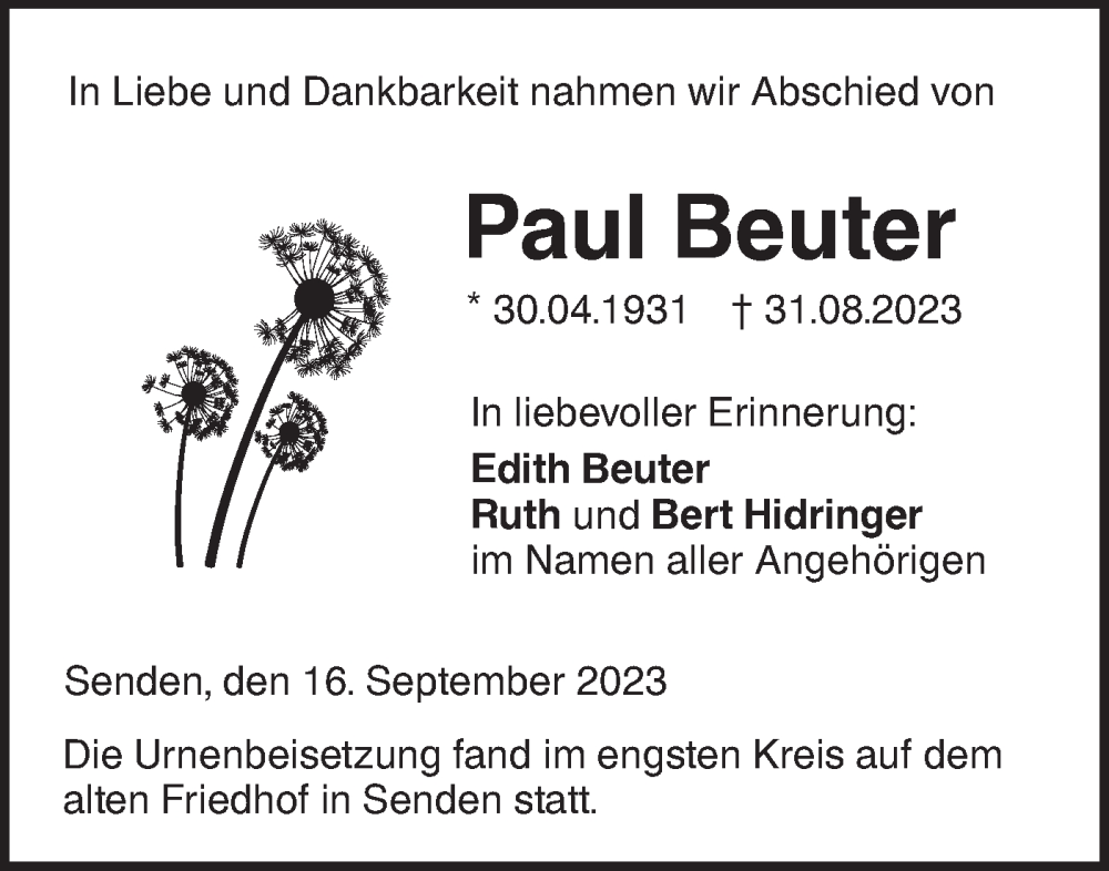  Traueranzeige für Paul Beuter vom 16.09.2023 aus SÜDWEST PRESSE Ausgabe Ulm/Neu-Ulm