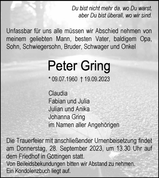 Traueranzeige von Peter Gring von SÜDWEST PRESSE Ausgabe Ulm/Neu-Ulm