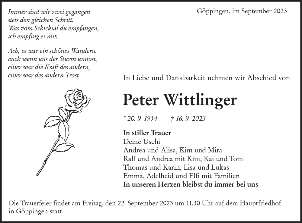  Traueranzeige für Peter Wittlinger vom 19.09.2023 aus NWZ Neue Württembergische Zeitung