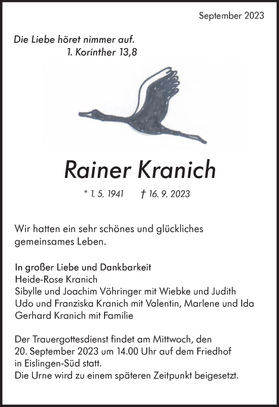 Traueranzeige von Rainer Kranich von NWZ Neue Württembergische Zeitung