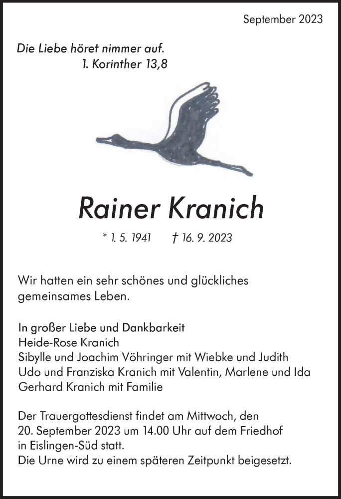  Traueranzeige für Rainer Kranich vom 19.09.2023 aus NWZ Neue Württembergische Zeitung