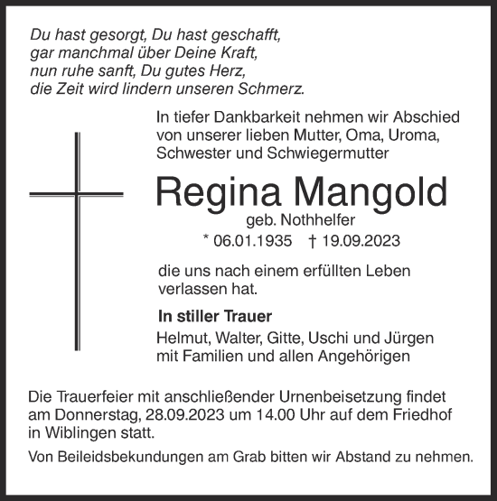 Traueranzeige von Regina Mangold von SÜDWEST PRESSE Ausgabe Ulm/Neu-Ulm