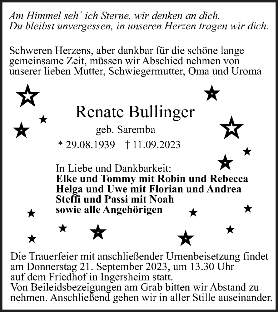  Traueranzeige für Renate Bullinger vom 19.09.2023 aus Hohenloher Tagblatt