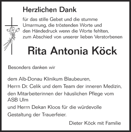 Traueranzeige von Rita Antonia Köck von SÜDWEST PRESSE Ausgabe Ulm/Neu-Ulm