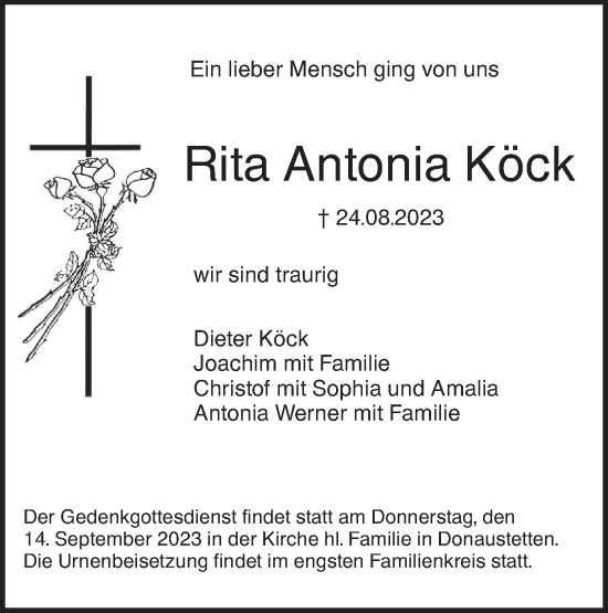 Traueranzeige von Rita Antonia Köck von SÜDWEST PRESSE Ausgabe Ulm/Neu-Ulm